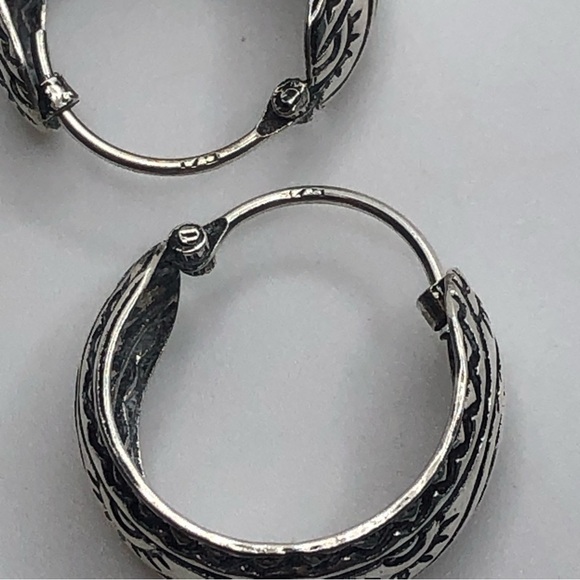 Vtg Sterling Engraved Sun & Waves Design Chunky Hoop Earrings .7” / 7mm Width - Picture 3 of 6